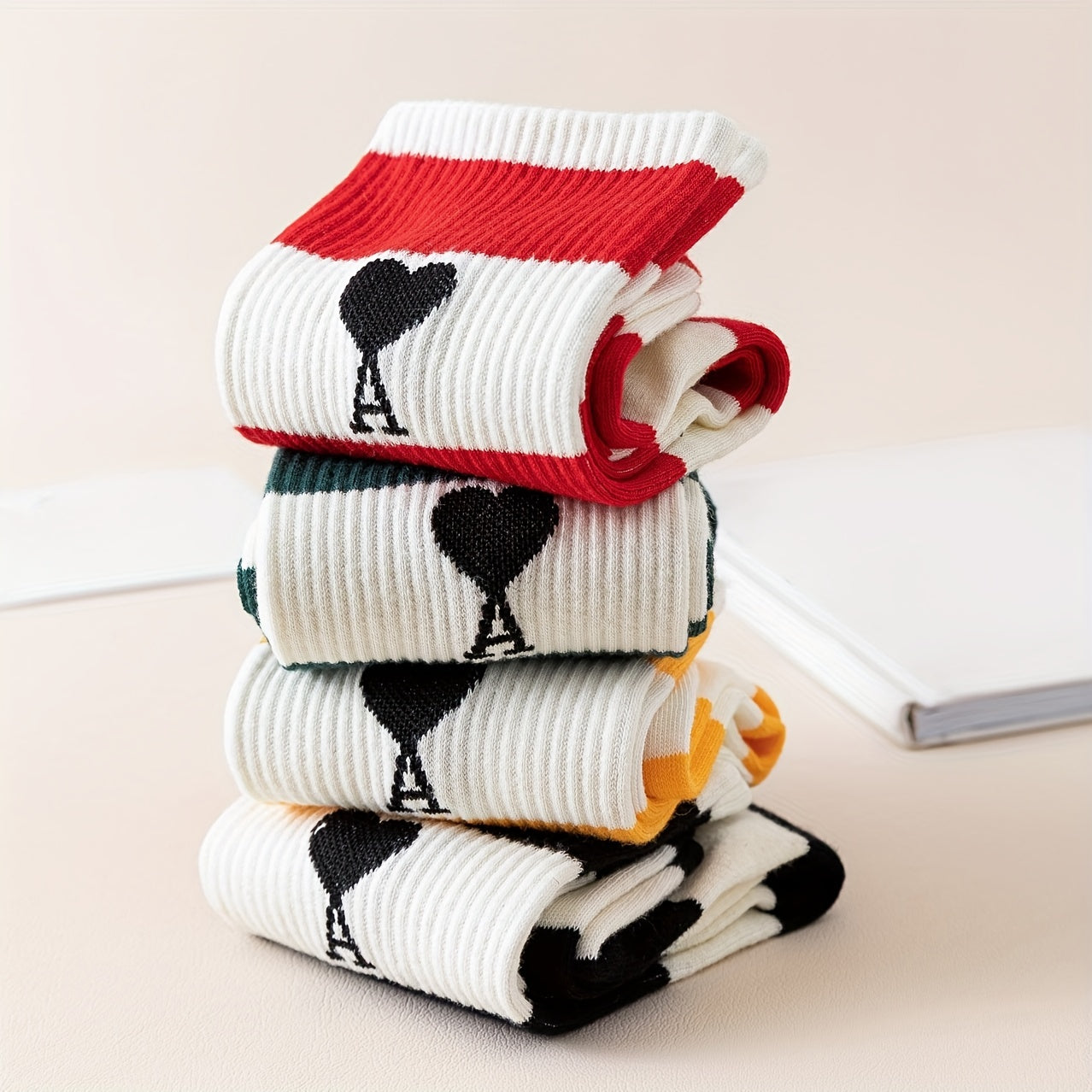 4 Pairs Heart & Striped Crew Socks - Comfy & Breathable Women's Stockings