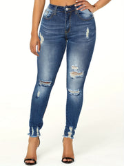 Casual Jeans Women's Plus Button Fly Ripped Slim Fit Denim