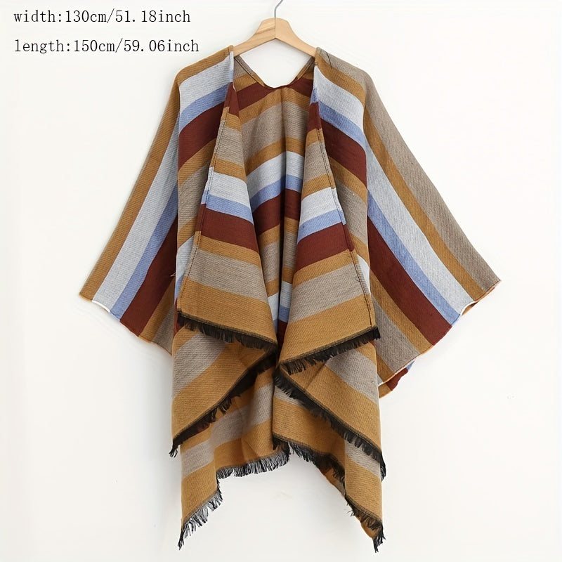 Striped Block Shawl Tassel Wraps Cashmere Large Blanket Scarf Vintage Cardigan