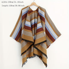 Striped Block Shawl Tassel Wraps Cashmere Large Blanket Scarf Vintage Cardigan