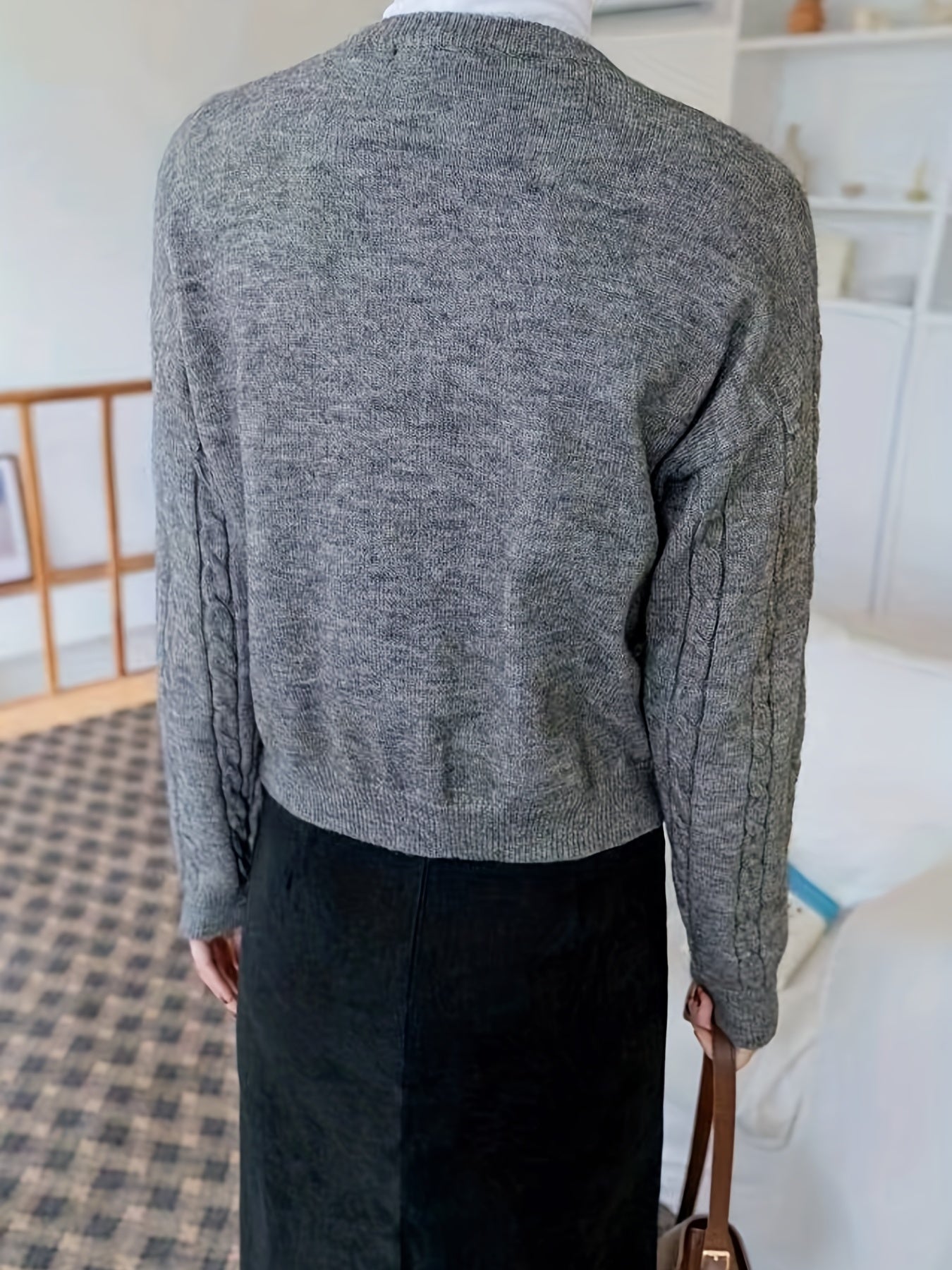 Casual Cardigan Women Solid Button Long Sleeve Round Neck Knit