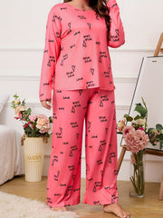 Heart Print Pajama Set Round Neck Top & Pants Two Piece Set