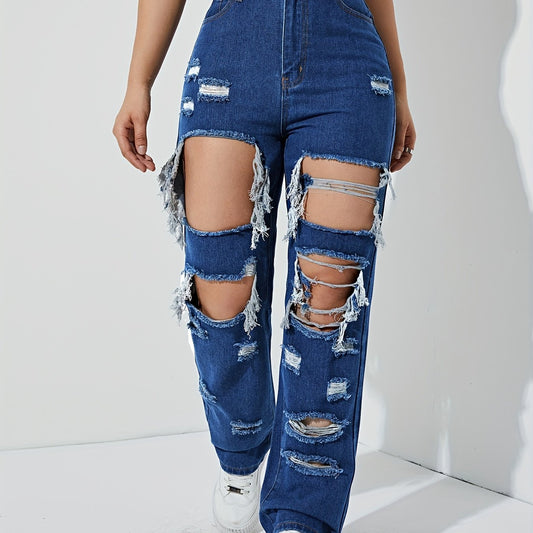 Destroyed Legs Ripped Distressed Denim Jeans Slim Fit