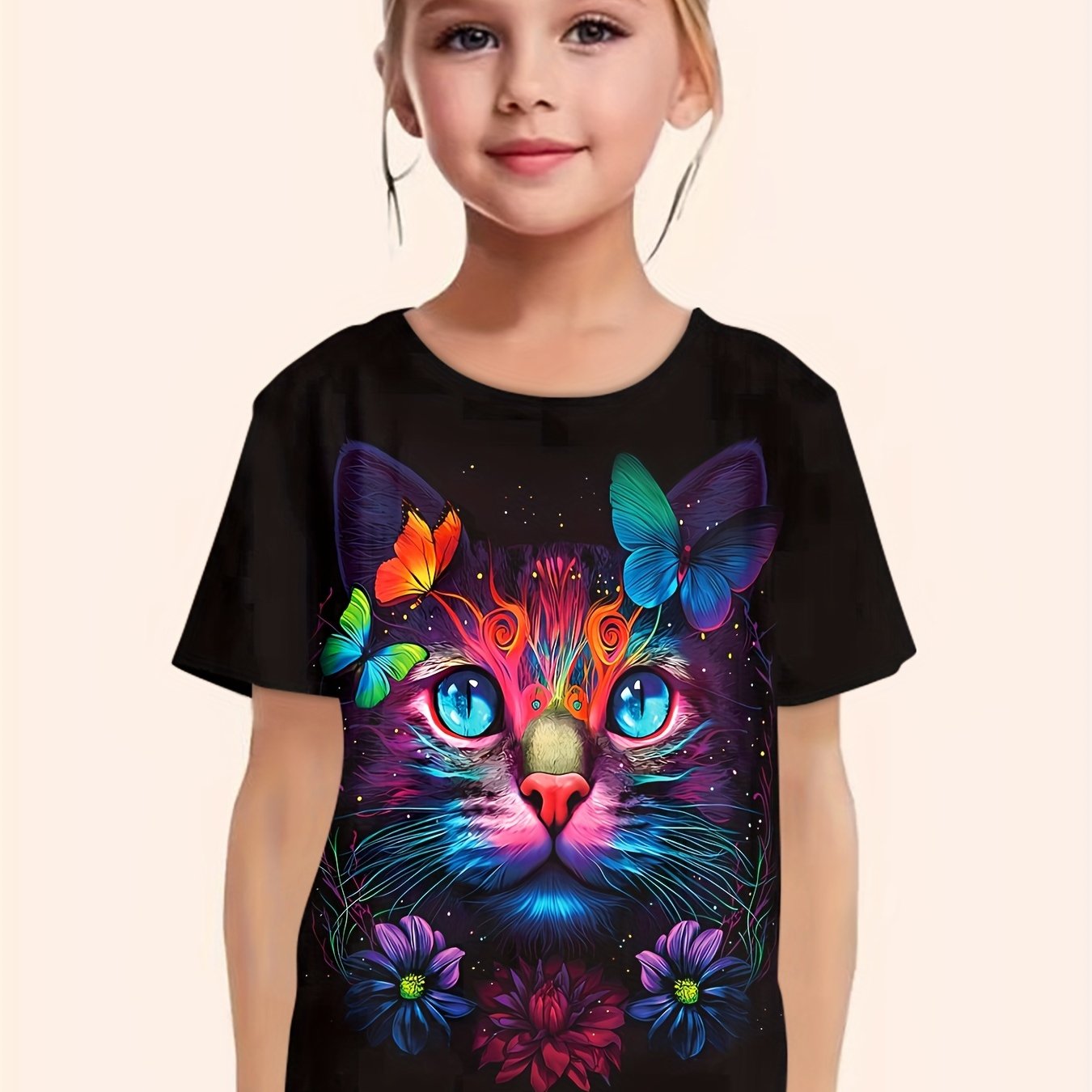 Colorful Tie Dye Cat & Butterfly Short Sleeve T-shirt for Kids