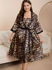 2 Pcs Satin Leopard Print Sleep Dress & Robes Set Plus Size
