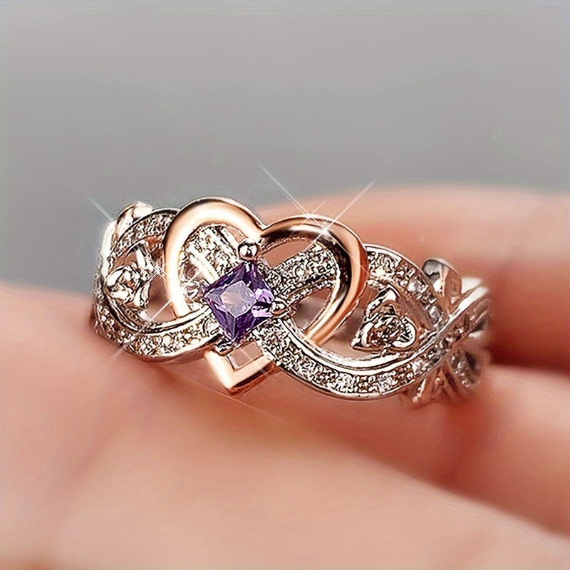 Purple Sapphire Heart Two Tone Engagement Wedding Ring
