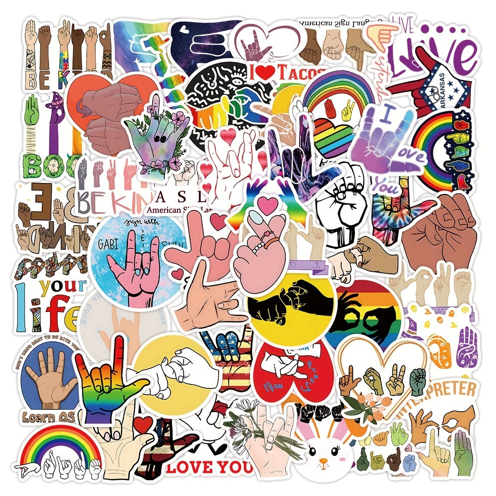ASL Stickers: I Love You, Be Kind, Rock Gesture Stickers - 50 PCS