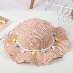 Girls Colorful Pompom Ball Straw Hat Wide Brim Sun Hat Beach Cap
