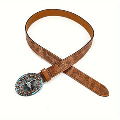 Vintage Western Cowboy Leather Belt with Cow Head Large Buckle