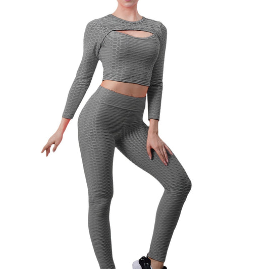 2pc Honeycomb Long Sleeve Yoga Set & High Waist Gym Leggings