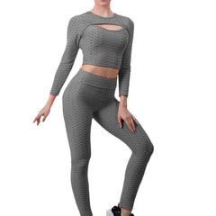 2pc Honeycomb Long Sleeve Yoga Set & High Waist Gym Leggings