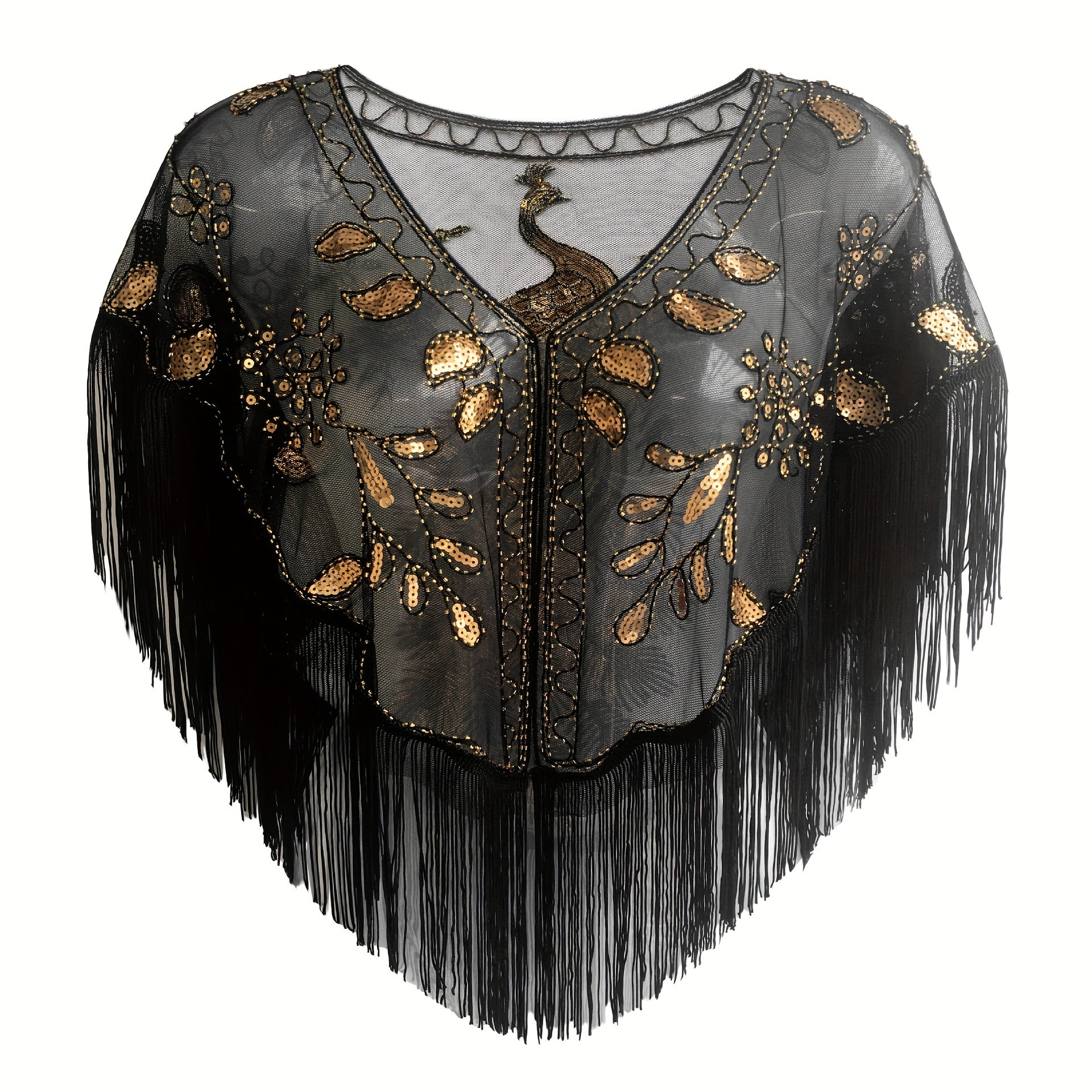 1920s Peacock Embroidery Tassel Shawl Sequin Beaded Wrap
