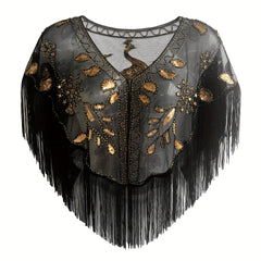1920s Peacock Embroidery Tassel Shawl Sequin Beaded Wrap