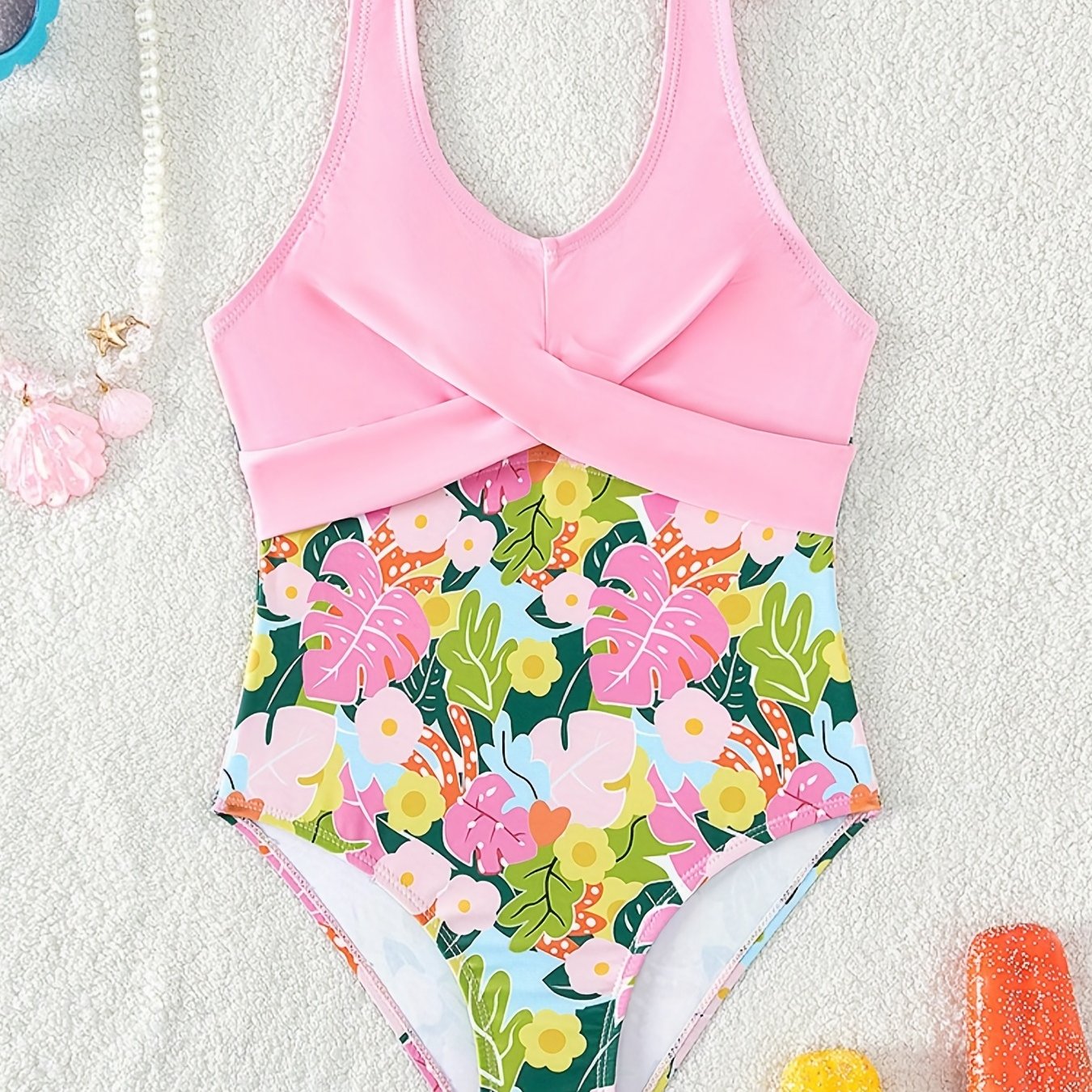 Girl's Tropical Plant Pattern Onesie Swimsuit with Bowknot Tankini