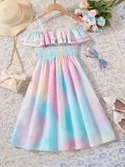 Toddlr Grls Ruffle Trim Cold Shldr Tie Dye Princess Dress