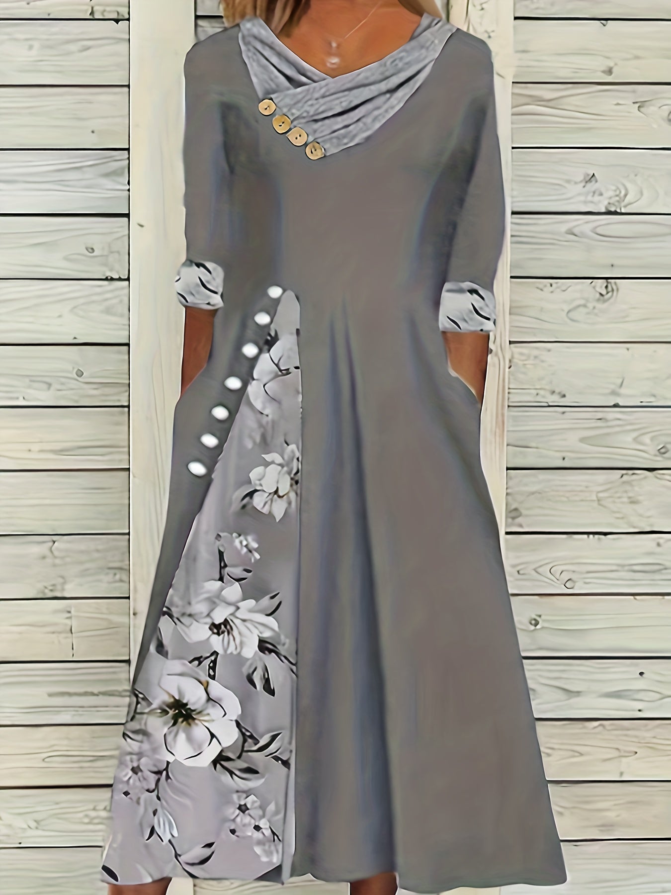 Colorblock Floral Print Half Sleeve Dress with Pockets