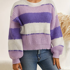 Striped Print Knit Sweater Casual Crew Neck Long Sleeve Pullover