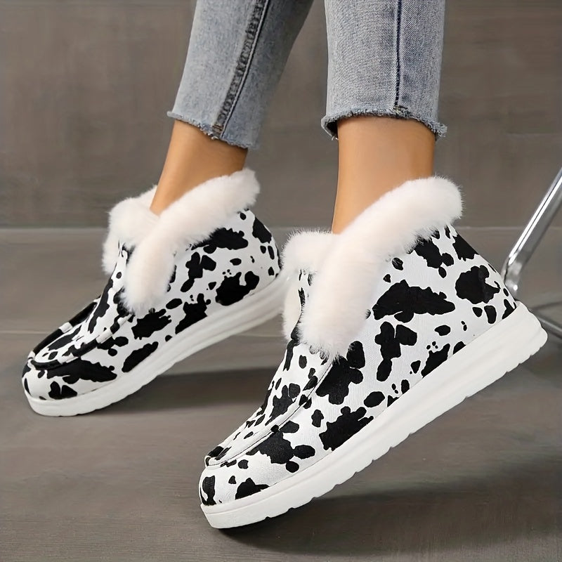 Women's Cow Print Warm Snow Shoes Soft Outdoor Ankle Shoes
