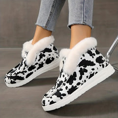 Women's Cow Print Warm Snow Shoes Soft Outdoor Ankle Shoes