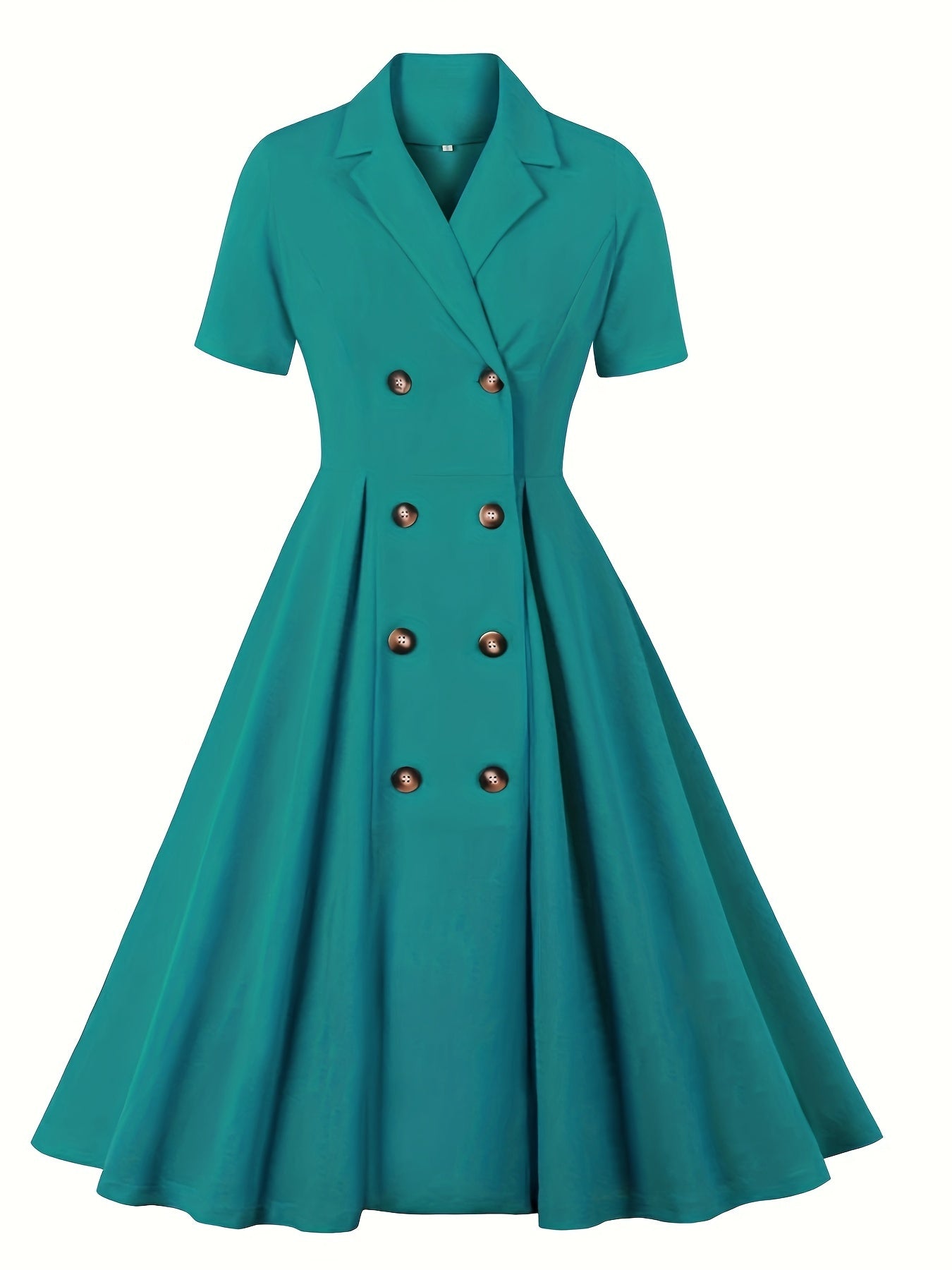 Retro Dress Women's Plus Solid Double Breast Button Short Sleeve
