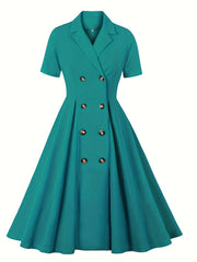 Retro Dress Women's Plus Solid Double Breast Button Short Sleeve