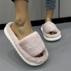 Women's Fuzzy Plush Platform Slippers Comfy Open Toe Non slip Bedroom Shoes