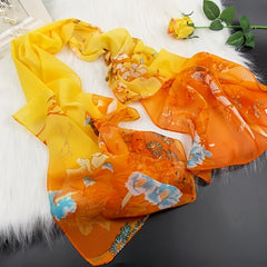 Thin Chiffon Scarf with Chinese Painting Print - Outdoor Head Wrap