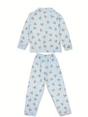 Bear Print Lounge Set Long Sleeve Top & Plaid Pants Women's Loungewear