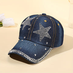 Pentagram Rhinestone Denim Baseball Cap Ladies Adjustable Caps Hats For Women