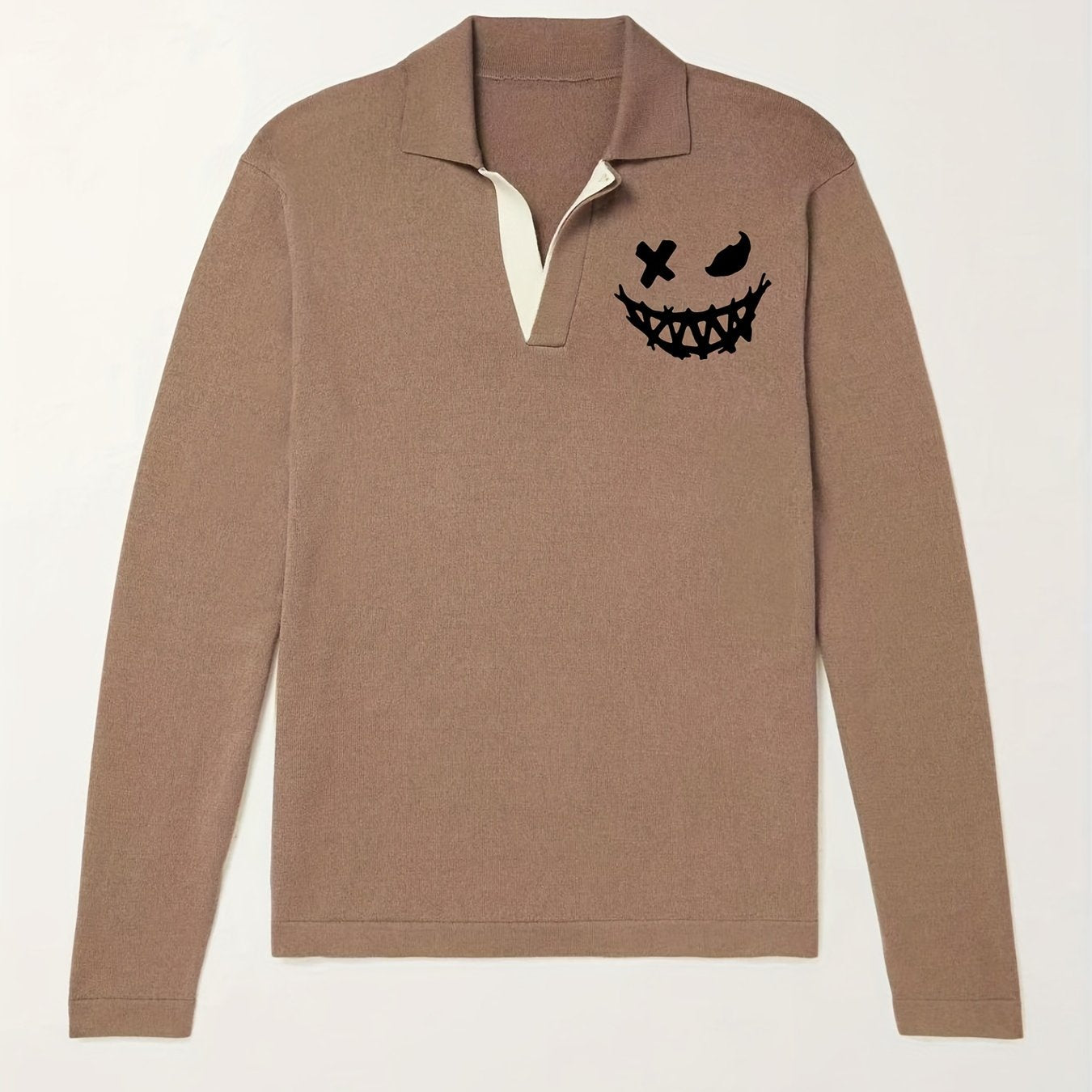Evil Smile Pattern Knit Polo Shirt Men's Casual Lapel Middle Stretch V Neck