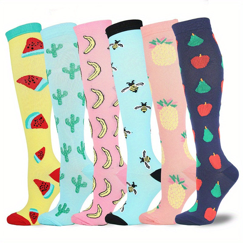 6 Pairs Fruit Print Compression Sports Socks Knee High for Women & Men