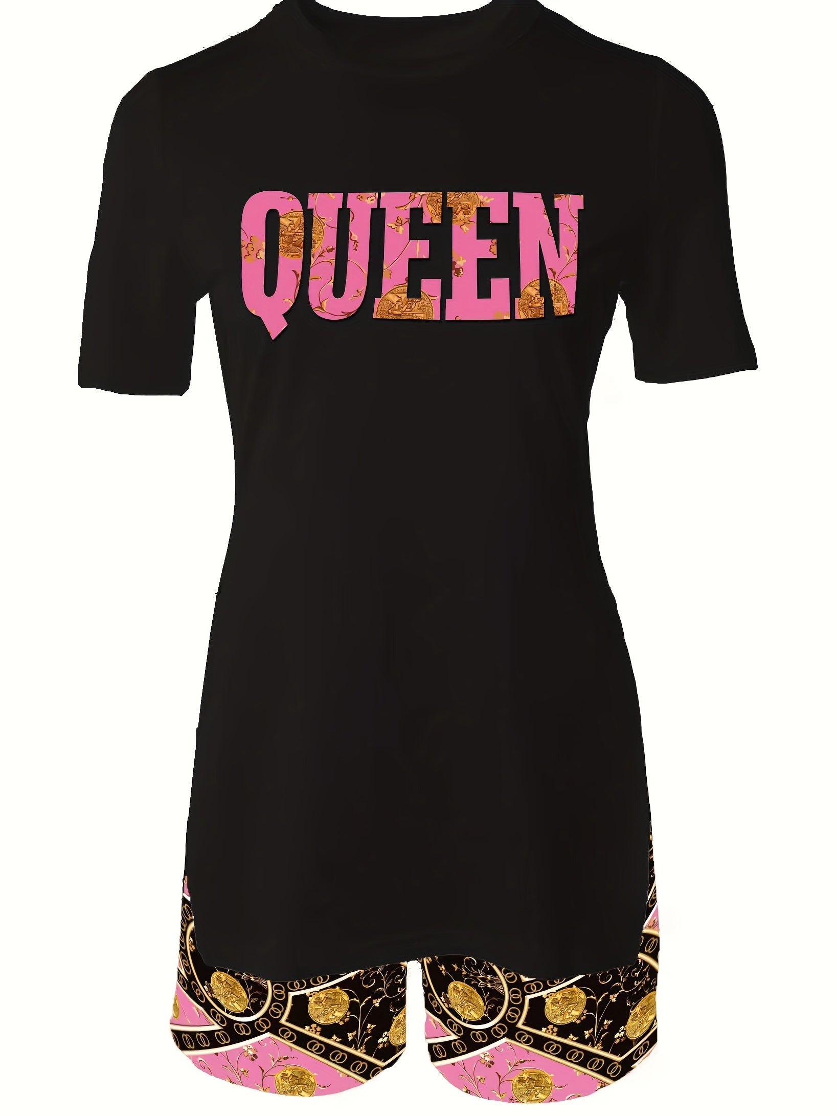 Queen Letter Print Tee & Graphic Print Shorts Set