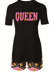 Queen Letter Print Tee & Graphic Print Shorts Set
