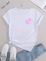 Smiling Face Print Casual T Shirt Round Neck Short Slee