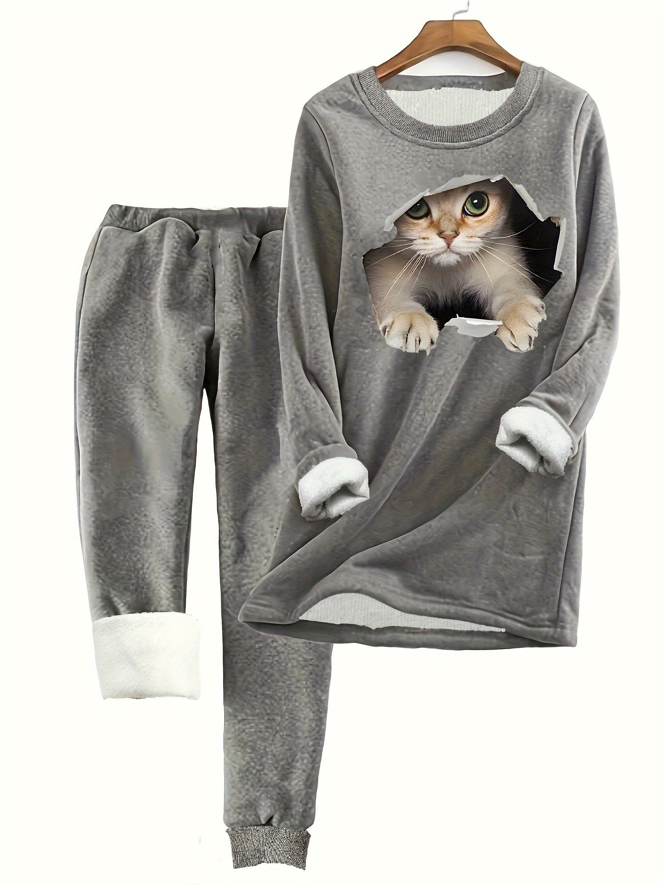 Cat Print Fleece Top & Joggers 2 Piece Set