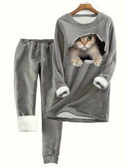 Cat Print Fleece Top & Joggers 2 Piece Set