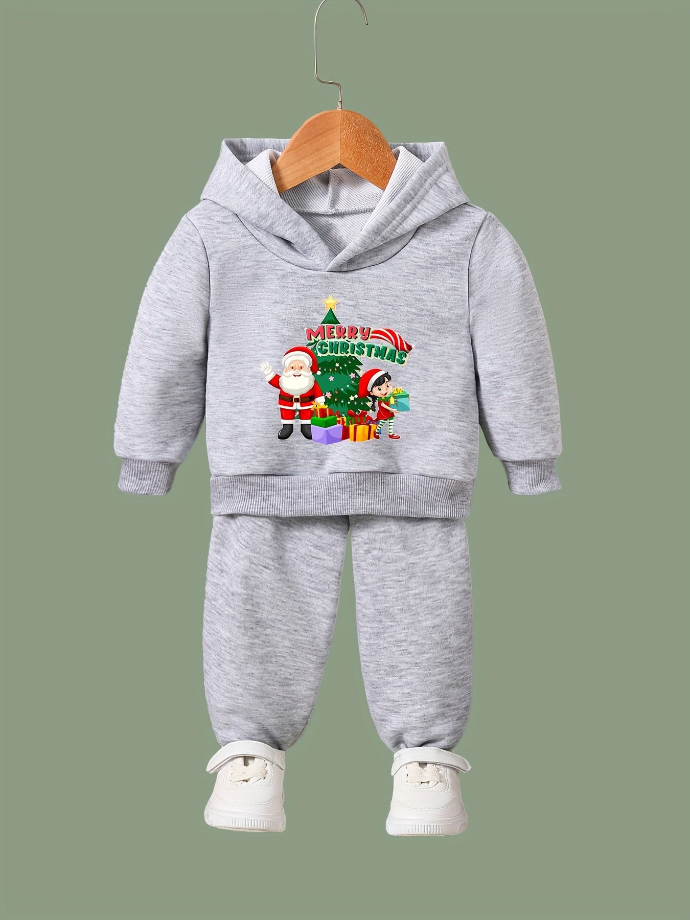 Santa & Presents Print 2pcs Girls Hoodies Jogger Pants Set For Sports