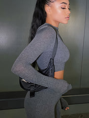 Women 2 Piece Autumn Tracksuits High Waist Sportswear Crop Top Leggings Set