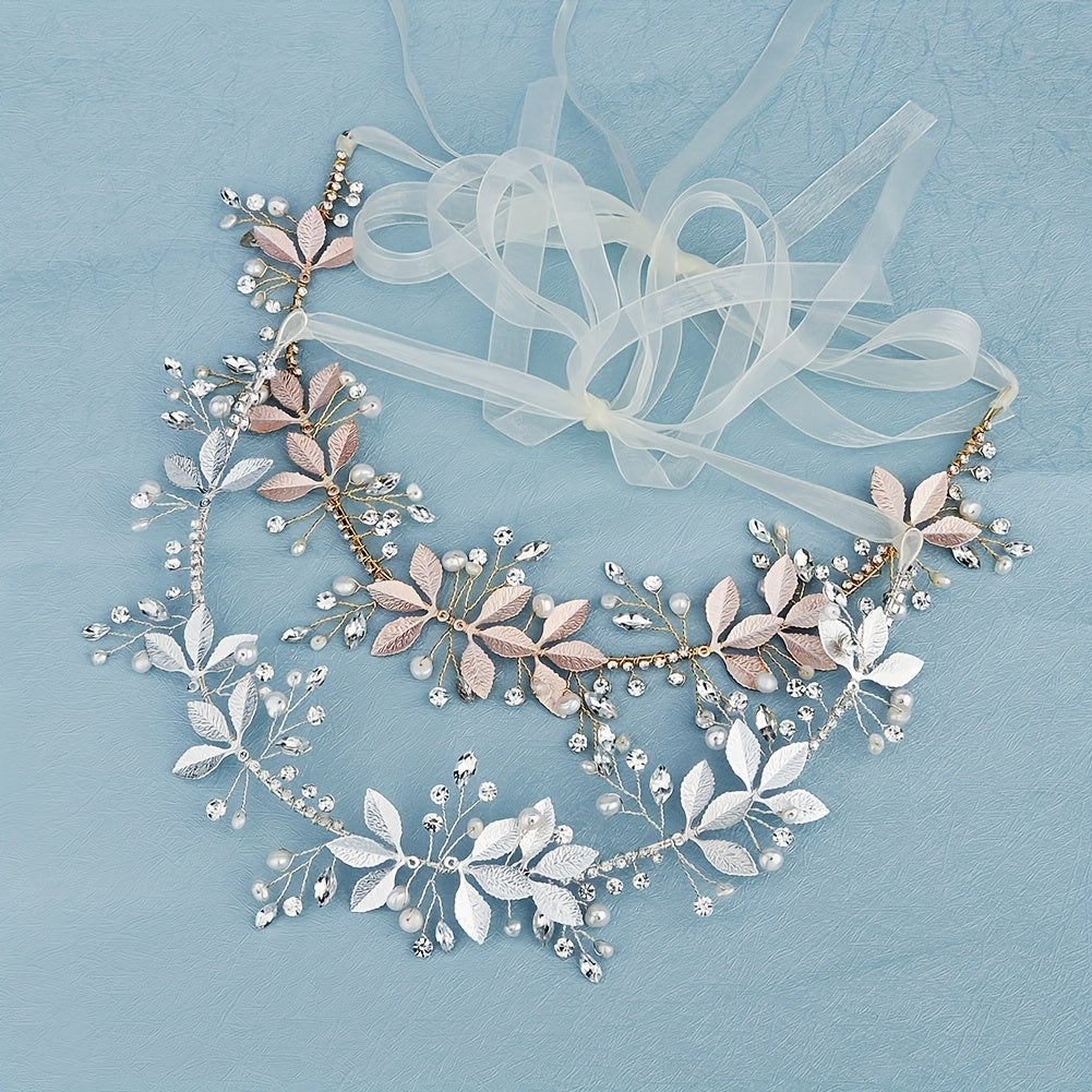 Leaf Charm Hair Band Rhinestone & Faux Pearl Decor Headband Bridal