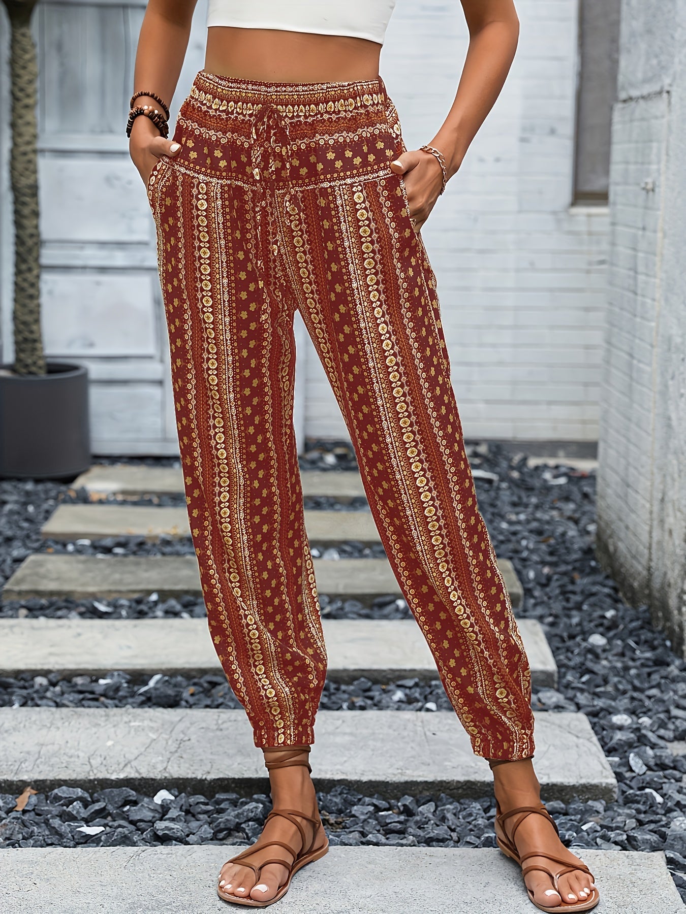 Tribal Print Drawstring Pants Boho Elastic Waist Pants