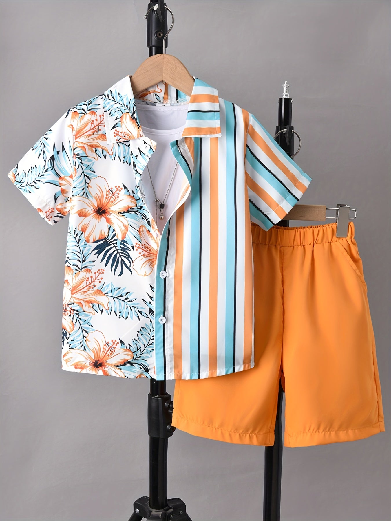Boys Hawaii Leaf Print Shirt&Shorts Set Summer Kids Clothing