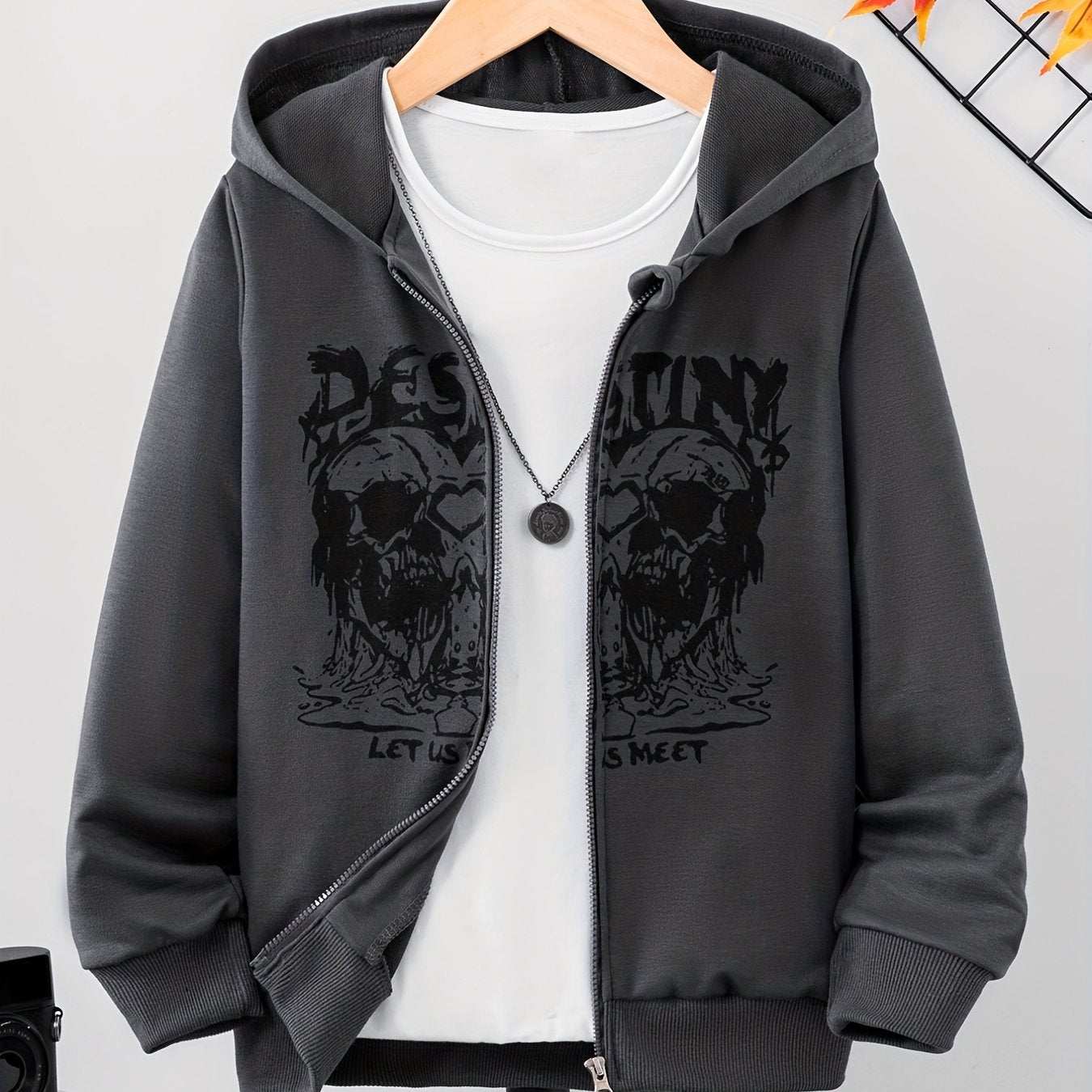 Funny Skull Print Boys Zip Up Hoodie with Pockets