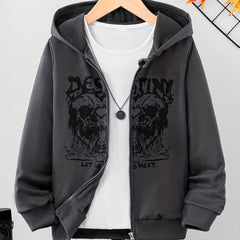 Funny Skull Print Boys Zip Up Hoodie with Pockets