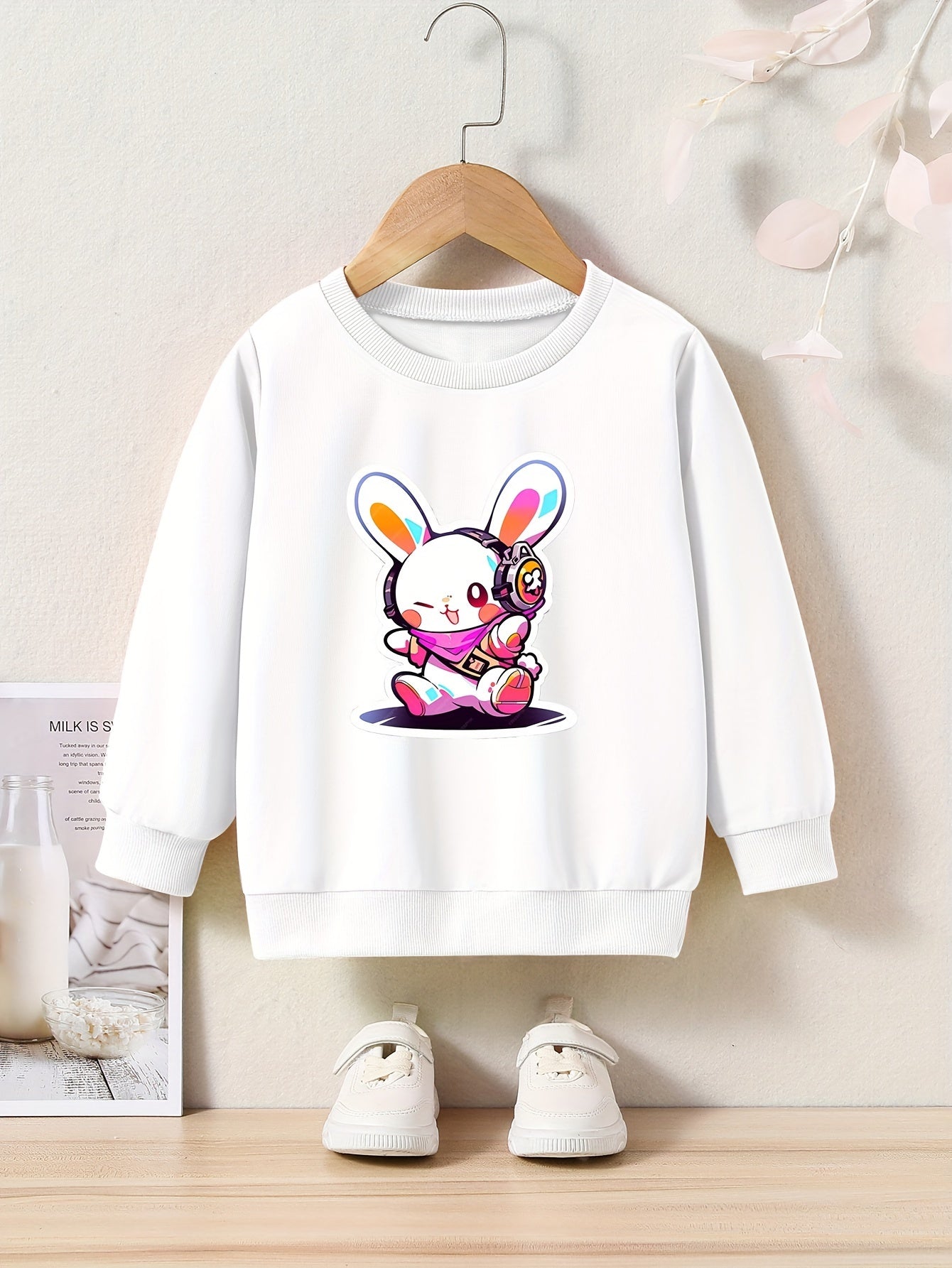 Bunny Print Girls Casual Pullover Sweatshirt Long Sleeve Crew Neck Tops