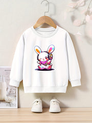 Bunny Print Girls Casual Pullover Sweatshirt Long Sleeve Crew Neck Tops