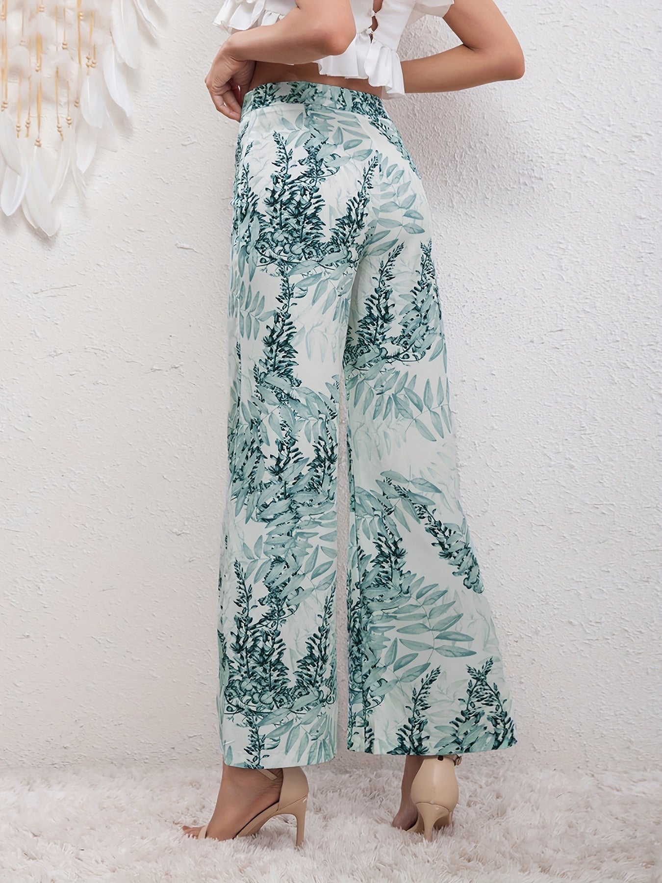 Leaves Print Wide Leg Pants High Waist Casual Every Pants