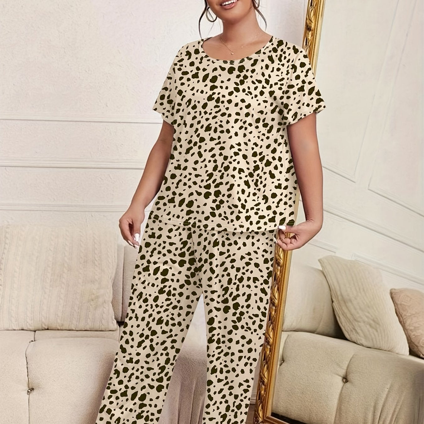 Leopard Print Pajama Set Short Sleeve Tee & Pants Lounge Set