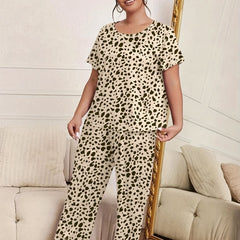 Leopard Print Pajama Set Short Sleeve Tee & Pants Lounge Set