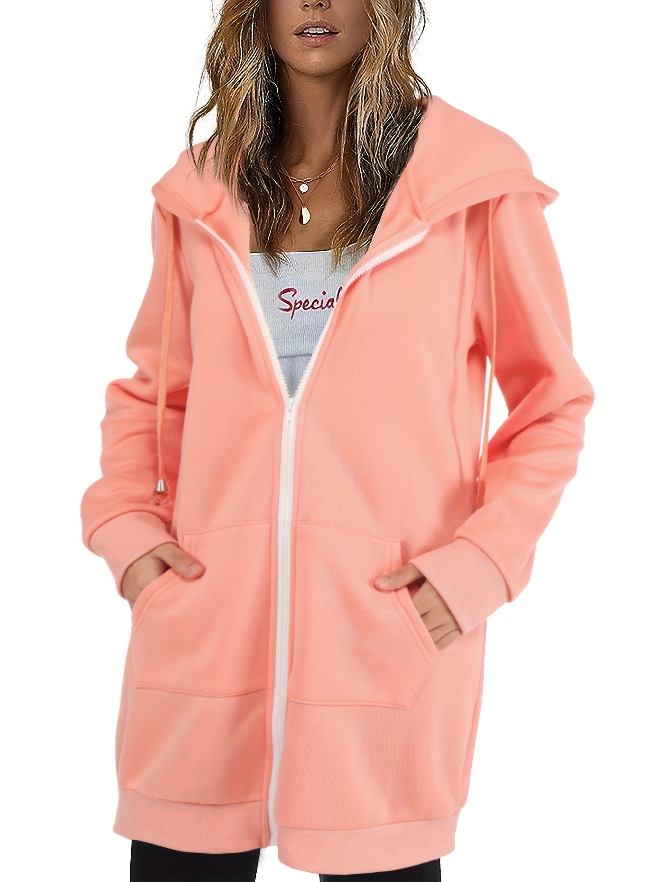 Solid Zip Up Long Length Hoodie Casual Long Sleeve Drawstring Hoodies Sweatshirt