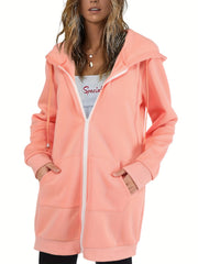 Solid Zip Up Long Length Hoodie Casual Long Sleeve Drawstring Hoodies Sweatshirt
